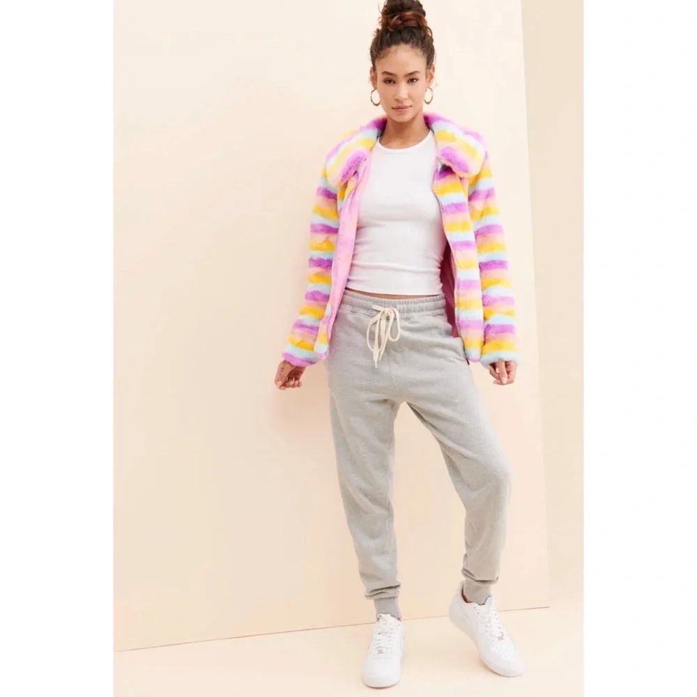 Daisy Street Rainbow Stripe Faux Fur Jacket